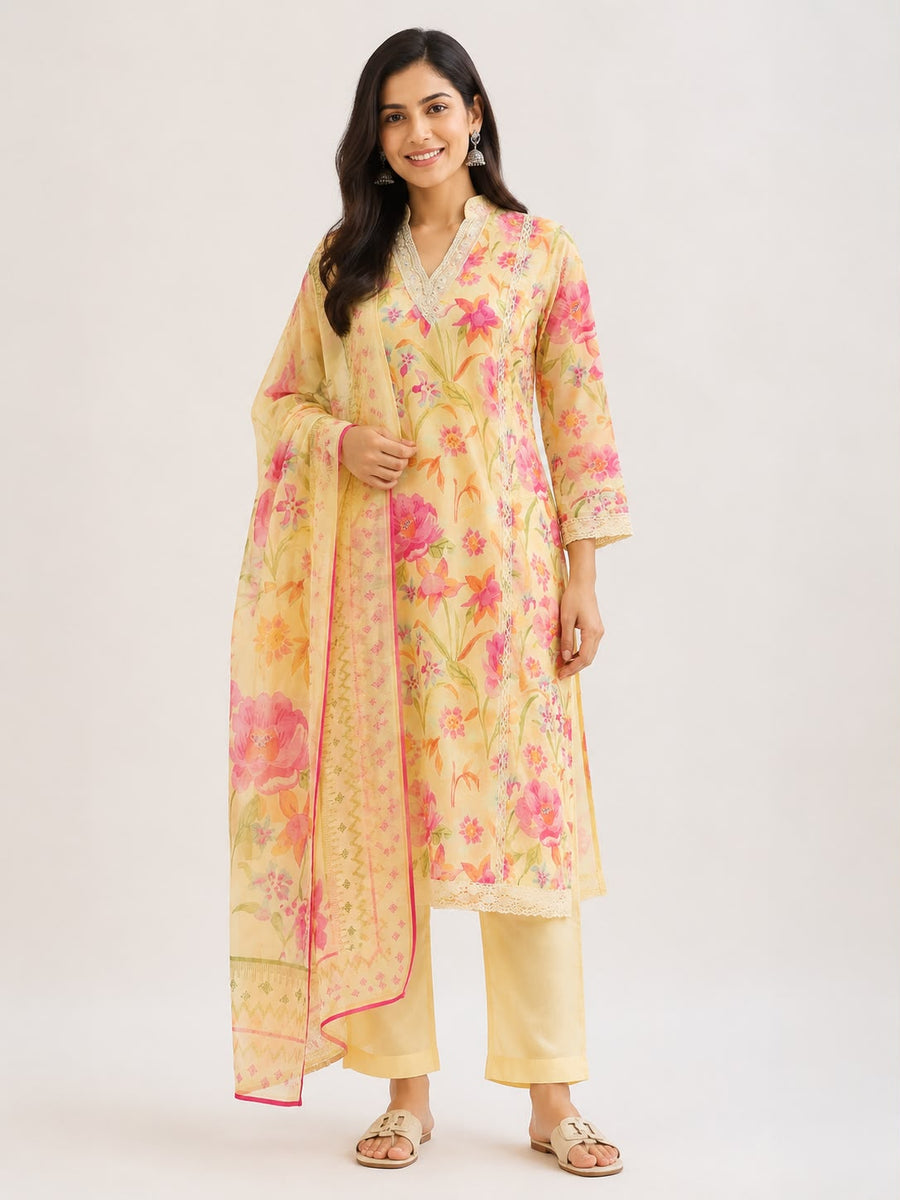 Women’s Yellow Maslin Floral Printed Kurti Set with Dupatta | 3-Piece Kurta, Straight Pants & Lace Detail Ethnic Set