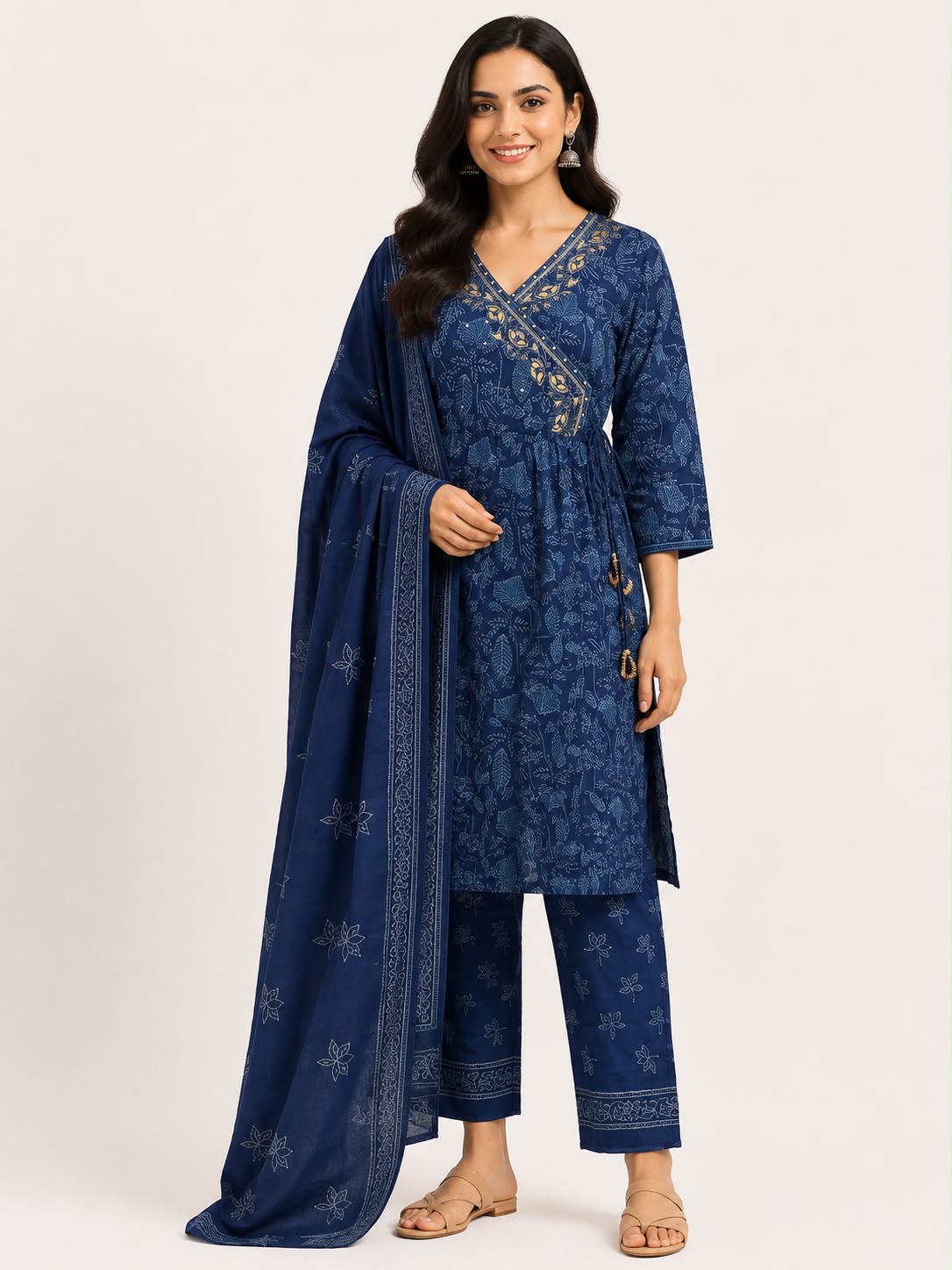 Women’s Navy Blue Printed Angrakha Kurti Set with Dupatta | 3-Piece Wrap-Style Kurta, Pants & Ethnic Dupatta