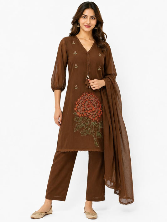 Women’s Brown Mal Mal Floral Kurti Set with Dupatta | 3-Piece Embroidered Kurta, Straight Pants & Lightweight Dupatta