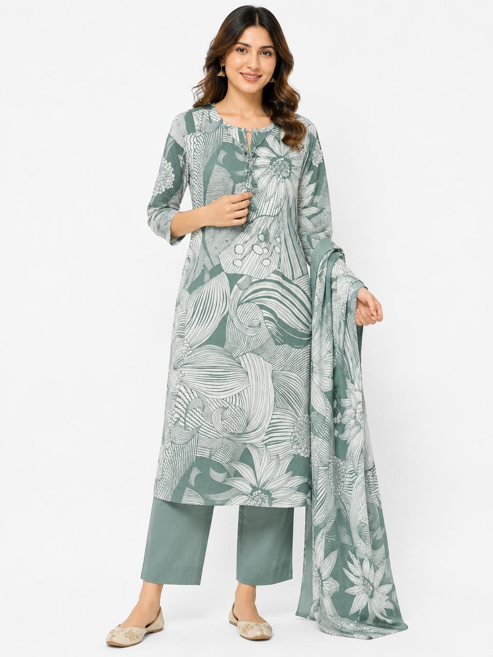 Women’s Sage Green Abstract Floral Printed Kurti Set with Dupatta | 3-Piece Straight Kurta, Pants & Printed Dupatta