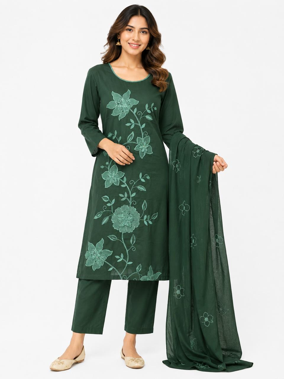 Women’s Bottle Green Floral Embroidered Kurti Set with Dupatta | 3-Piece Straight Kurta, Pants & Lightweight Dupatta
