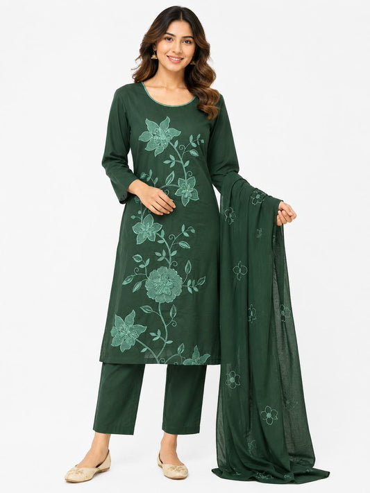 Women’s Bottle Green Floral Embroidered Kurti Set with Dupatta | 3-Piece Straight Kurta, Pants & Lightweight Dupatta