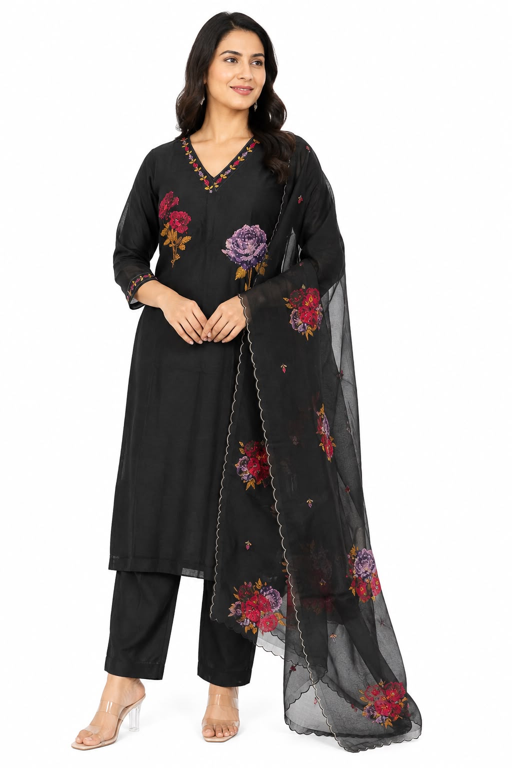 Women’s Black Chanderi Floral Embroidered Kurti Set with Dupatta | 3-Piece Straight Kurta, Pants & Organza-Style Dupatta