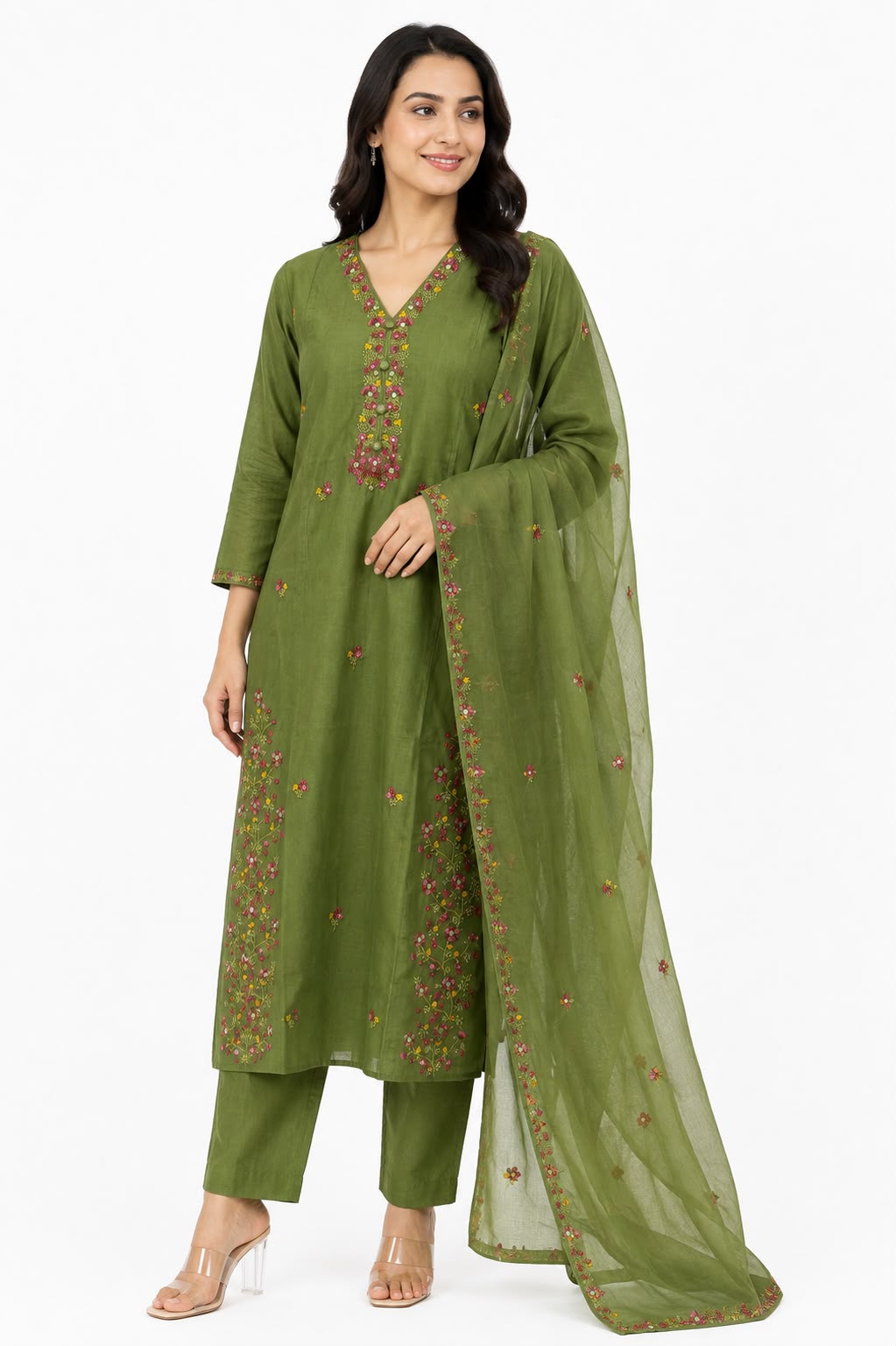 Women’s Olive Green Floral Embroidered Kurti Set with Dupatta | 3-Piece Straight Kurta, Pants & Sheer Dupatta