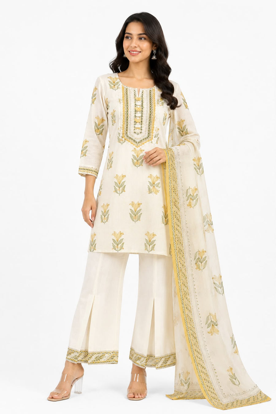 Women’s Off-White Floral Printed Kurti Set with Dupatta | 3-Piece Straight Kurta, Flared Pants & Ethnic Dupatta