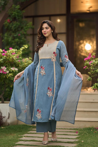 Women’s Dusty Blue Floral Embroidered Kurti Set with Dupatta | 3-Piece Straight Kurta, Pants & Lace Detail Dupatta