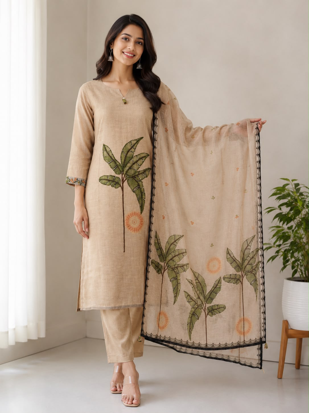Natural Fab Women’s Beige Chanderi Kurti Set with Kantha Work, Straight Pants & Printed Dupatta – 3 Piece Ethnic Suit Set