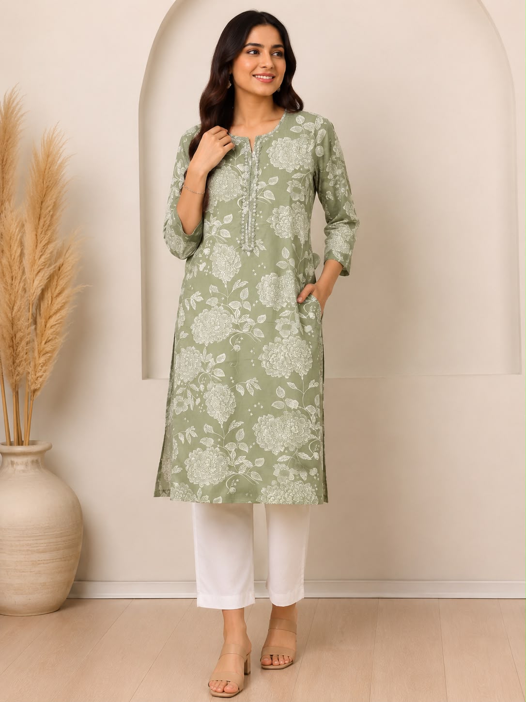 Natural Fab Women’s Sage Green Floral Printed Straight Kurti with Pocket, Notch Neck & Three-Quarter Sleeves