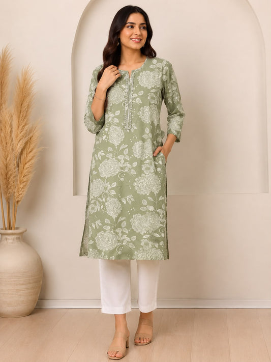 Natural Fab Women’s Sage Green Floral Printed Straight Kurti with Pocket, Notch Neck & Three-Quarter Sleeves