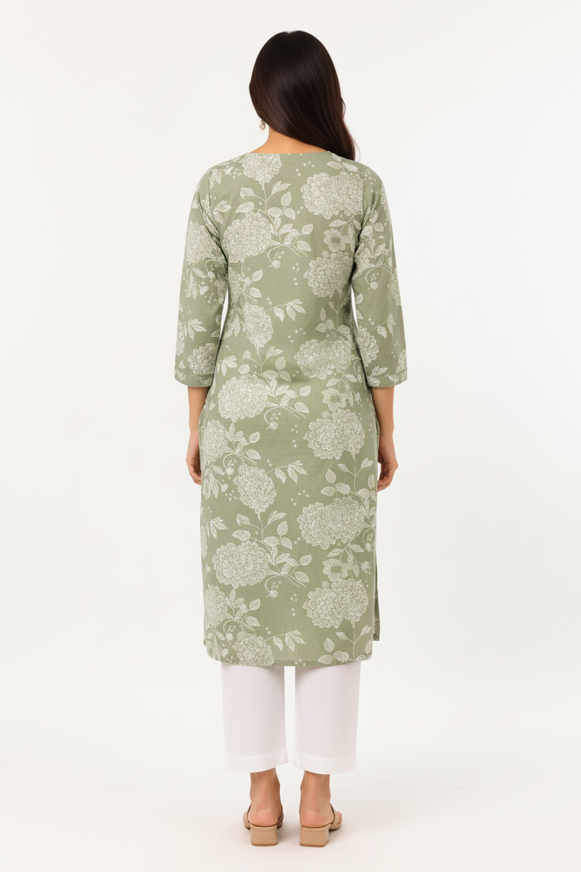 Natural Fab Women’s Sage Green Floral Printed Straight Kurti with Pocket, Notch Neck & Three-Quarter Sleeves