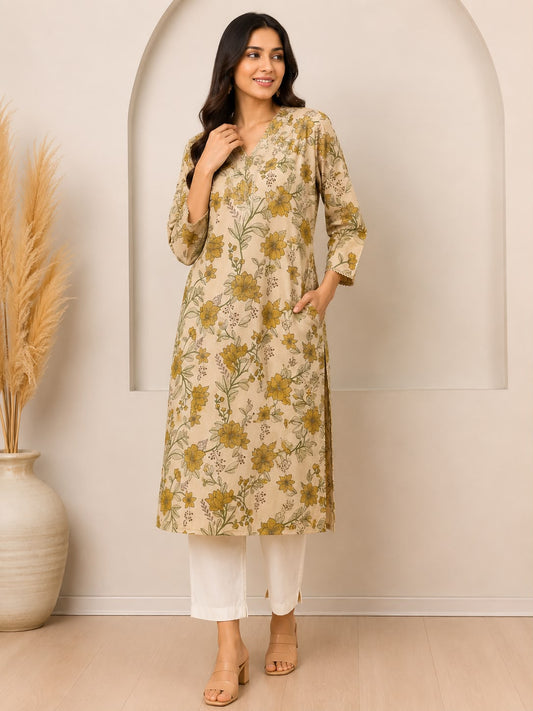 Natural Fab Women’s Beige Mustard Floral Printed Straight Kurti with Pocket, V-Neck & Three-Quarter Sleeves