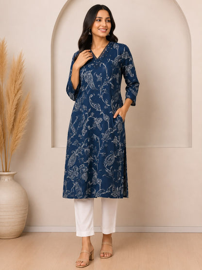 Natural Fab Women’s Navy Blue Paisley Floral Printed Straight Kurti with Pocket, Lace V-Neck & Three-Quarter Sleeves