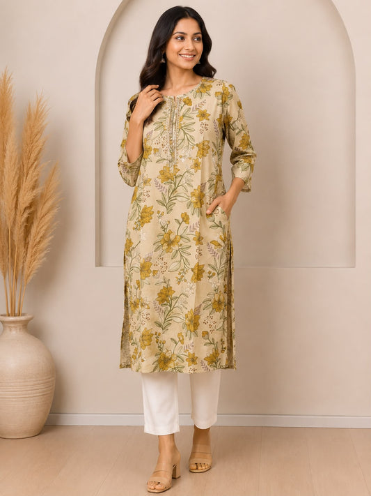 Natural Fab Women’s Beige Mustard Floral Printed Straight Kurti with Pocket, Decorative Placket & Three-Quarter Sleeves