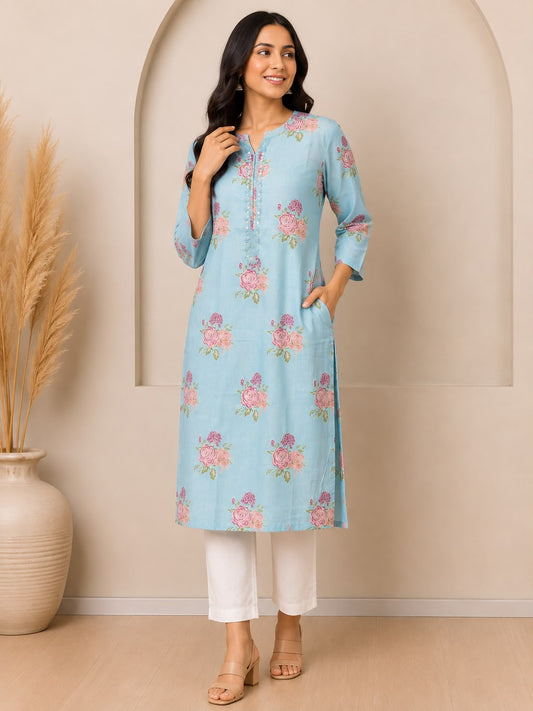 Natural Fab Women’s Sky Blue Rose Floral Printed Straight Kurti with Pocket, Notch Neck & Three-Quarter Sleeves