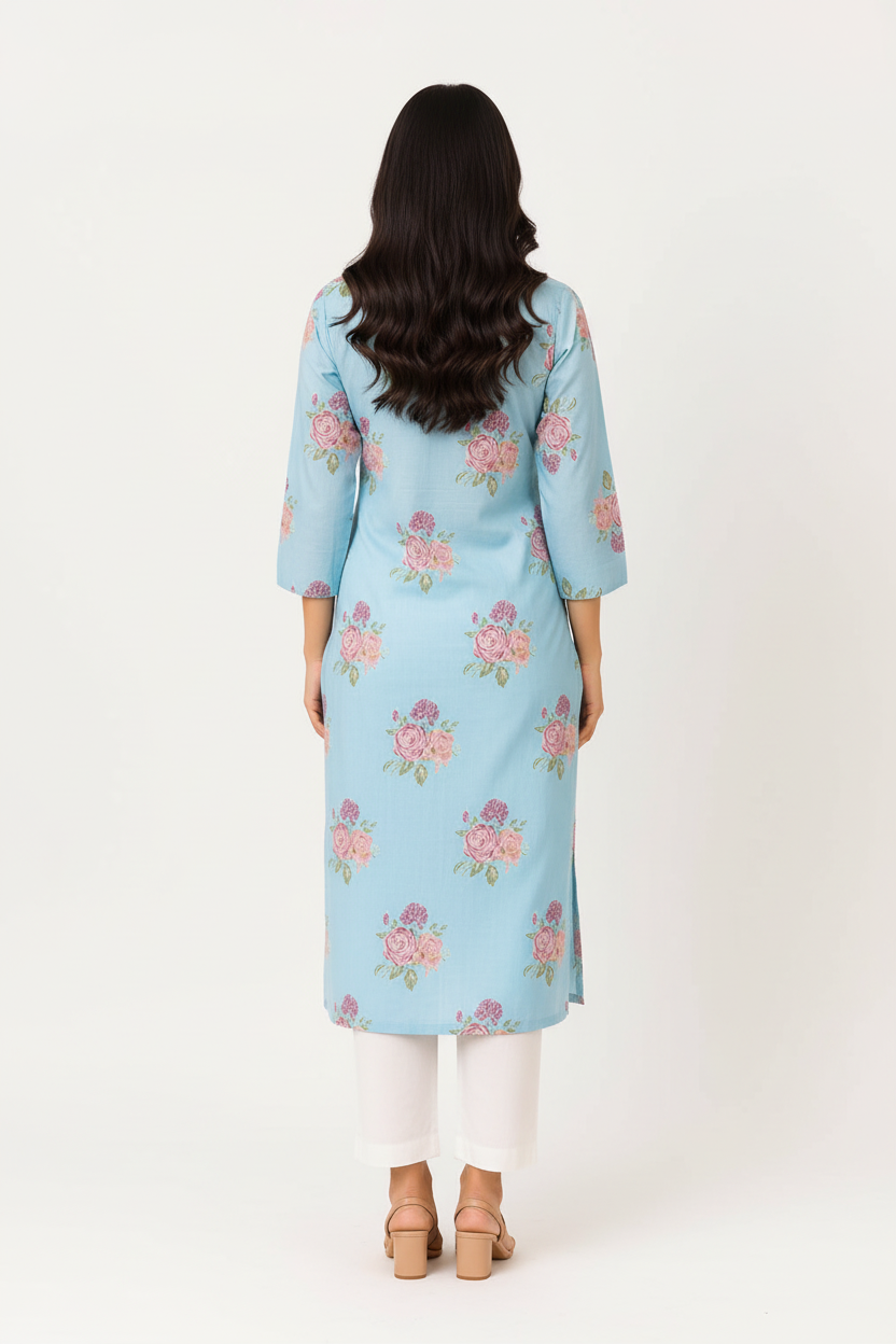 Natural Fab Women’s Sky Blue Rose Floral Printed Straight Kurti with Pocket, Notch Neck & Three-Quarter Sleeves