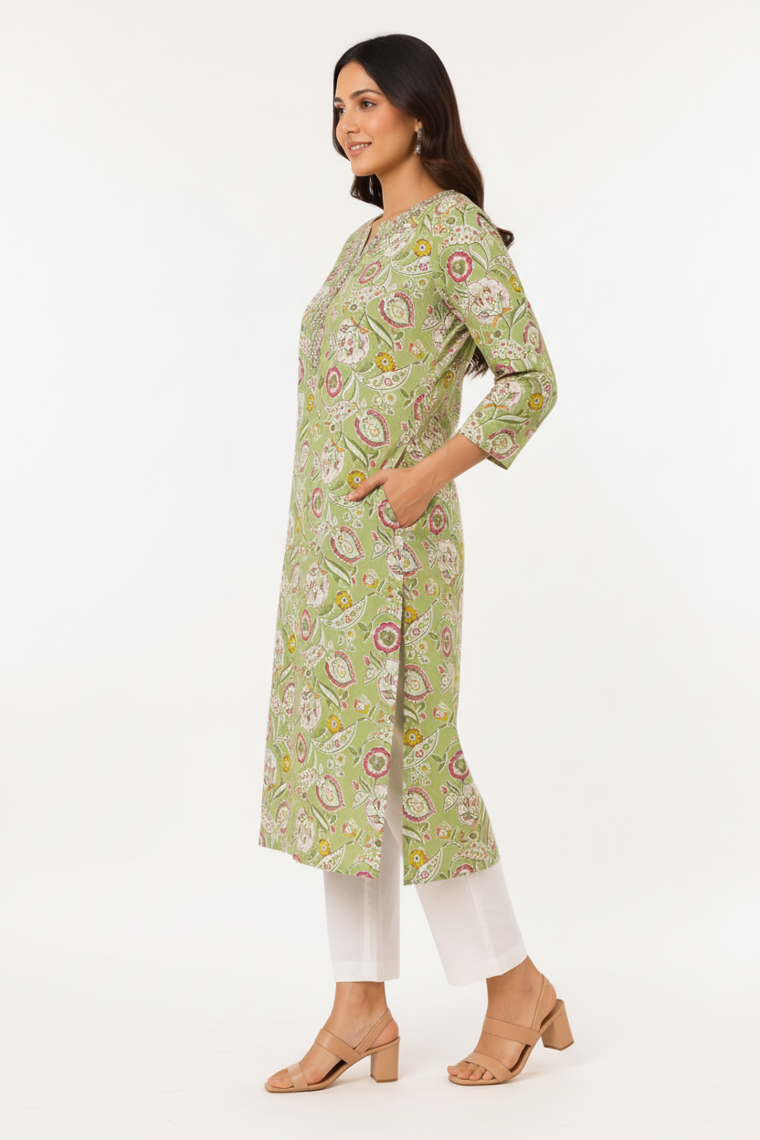 Natural Fab Women’s Light Green Multicolour Floral Printed Straight Kurti with Pocket, V-Neck & Three-Quarter Sleeves