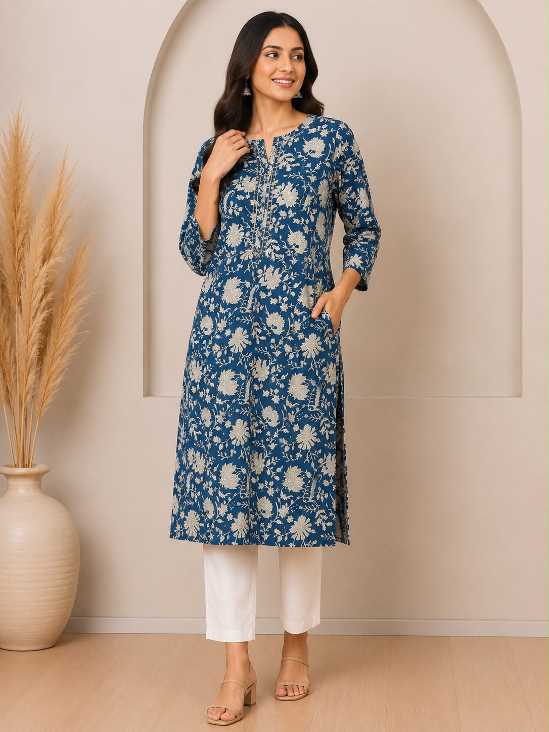 Natural Fab Women’s Teal Blue Floral Printed Straight Kurti with Pocket, Notch Neck & Three-Quarter Sleeves