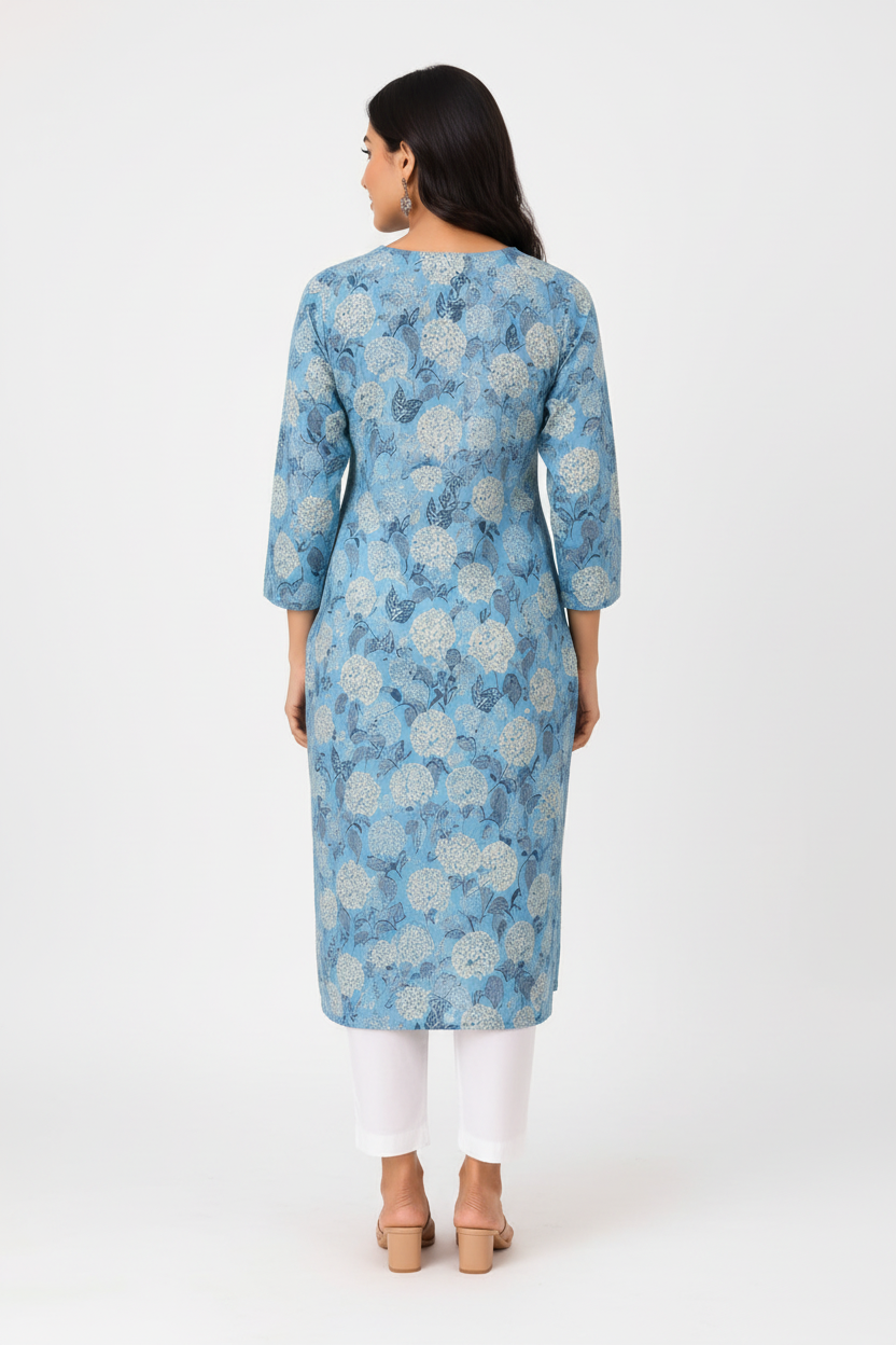 Natural Fab Women’s Sky Blue Floral Printed Straight Kurti with Decorative Button Placket & Three-Quarter Sleeves