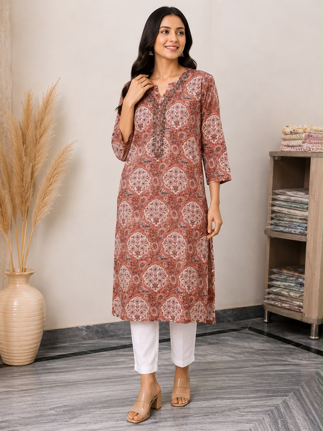 Women’s Rust Red Ajrakh-Inspired Printed Straight Kurti with Notch Neck & Three-Quarter Sleeves