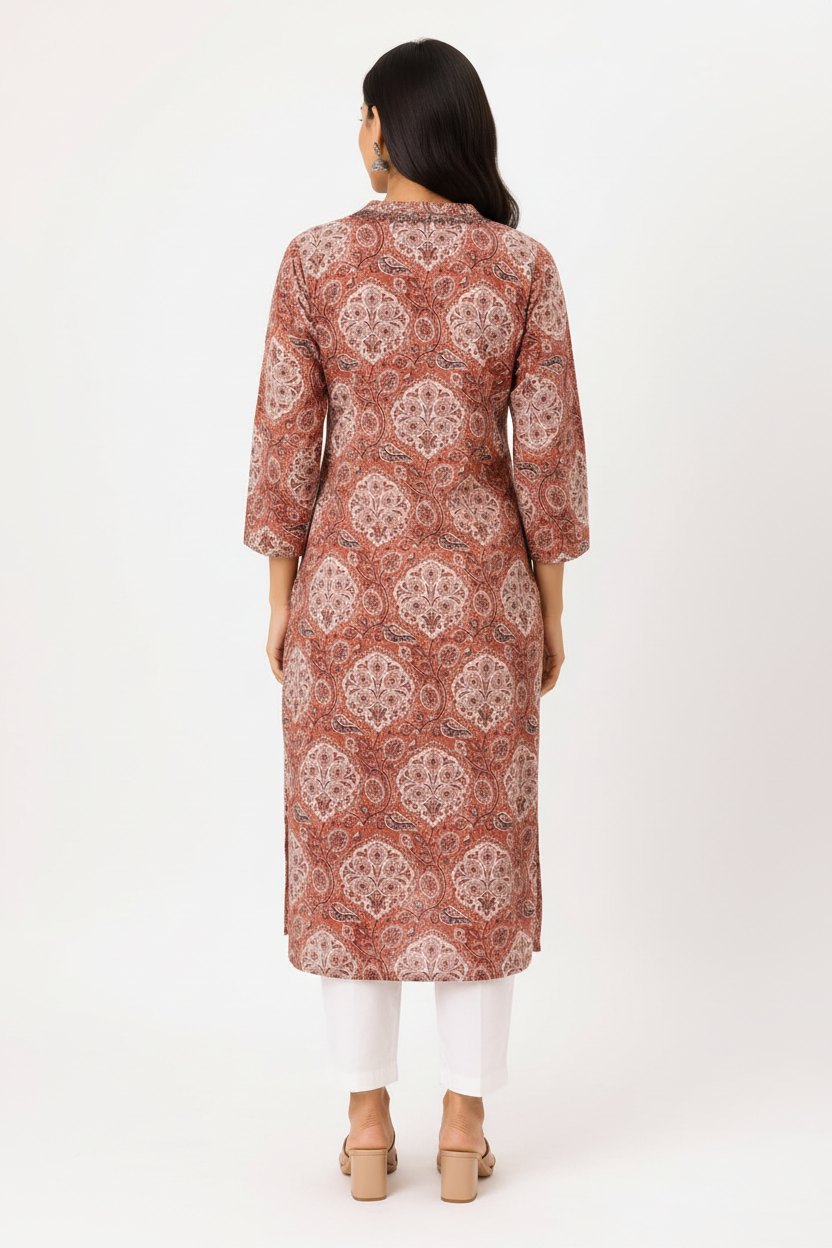 Women’s Rust Red Ajrakh-Inspired Printed Straight Kurti with Notch Neck & Three-Quarter Sleeves