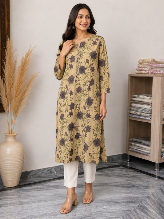 Women’s Beige Floral Printed Straight Kurti with Notch Neck, Decorative Placket & Three-Quarter Sleeves