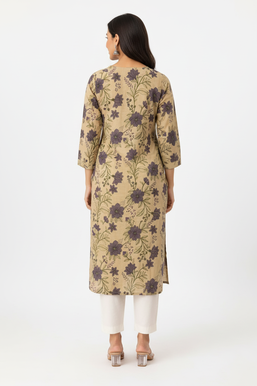 Women’s Beige Floral Printed Straight Kurti with Notch Neck, Decorative Placket & Three-Quarter Sleeves