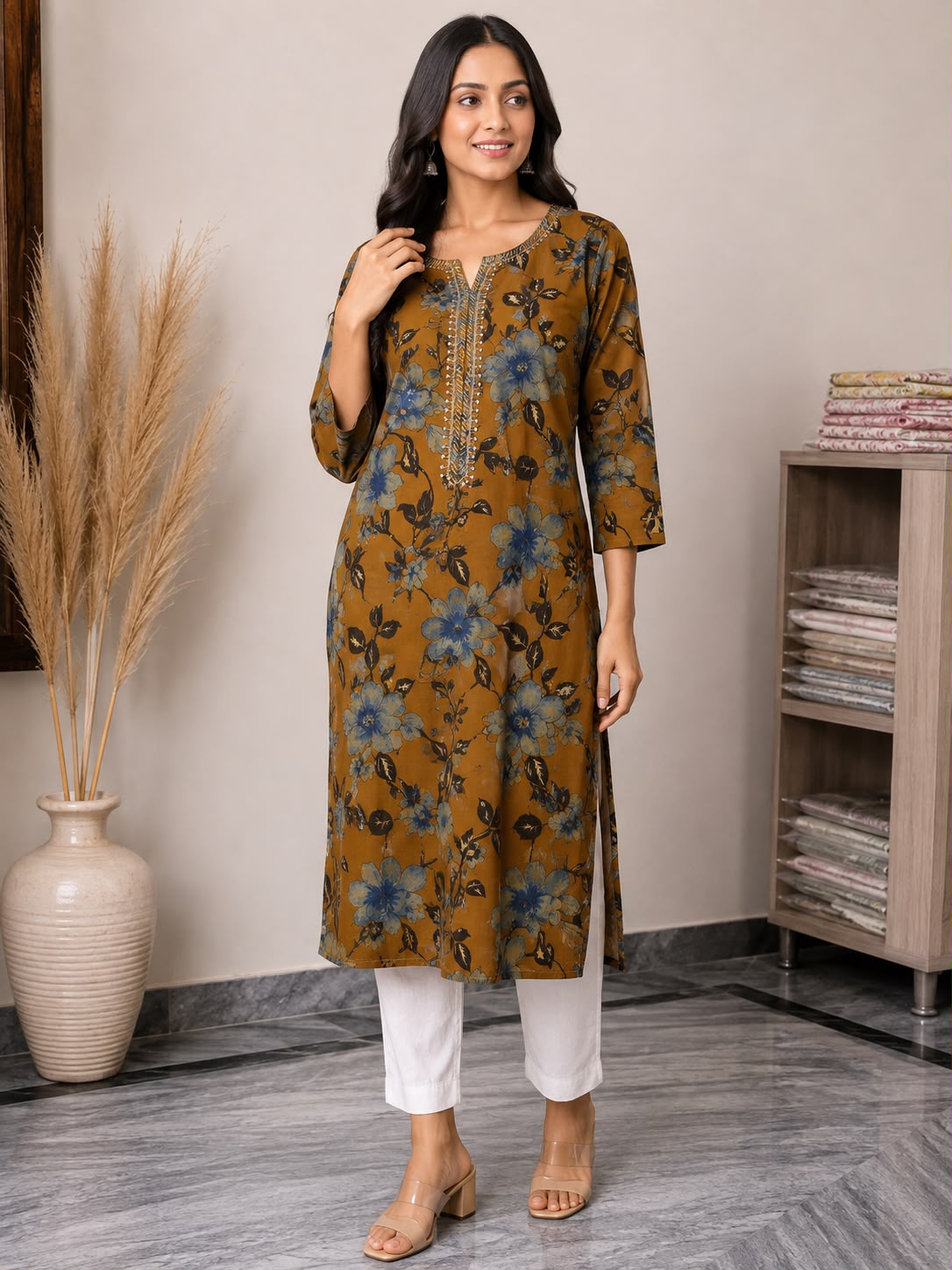 Women’s Mustard Brown Floral Printed Straight Kurti with Decorative Notch Neck & Three-Quarter Sleeves