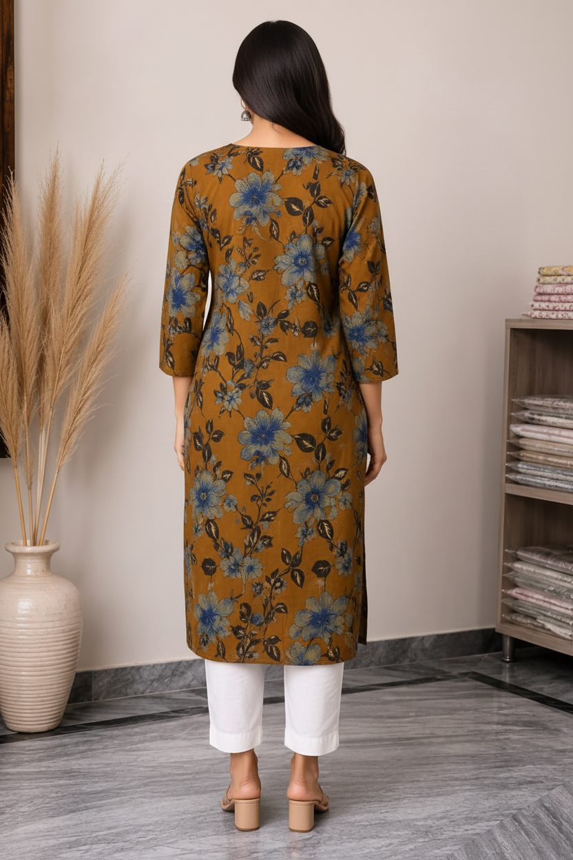 Women’s Mustard Brown Floral Printed Straight Kurti with Decorative Notch Neck & Three-Quarter Sleeves