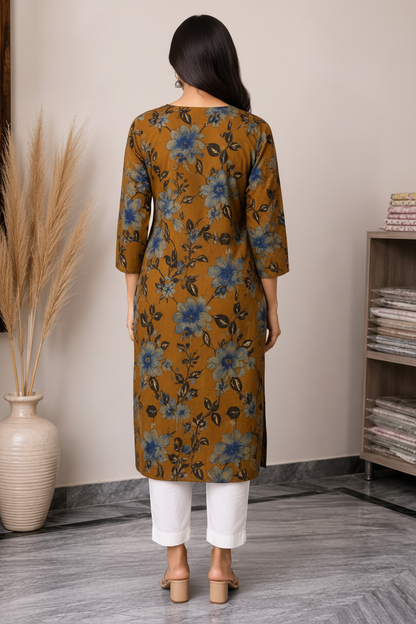 Women’s Mustard Brown Floral Printed Straight Kurti with Decorative Notch Neck & Three-Quarter Sleeves