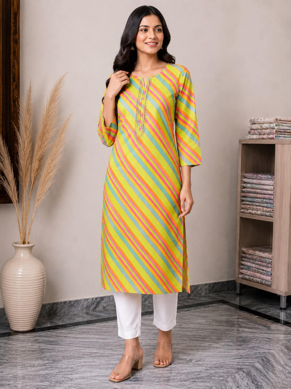 Women’s Lime Green Multicolour Diagonal Striped Straight Kurti with Decorative Notch Neck