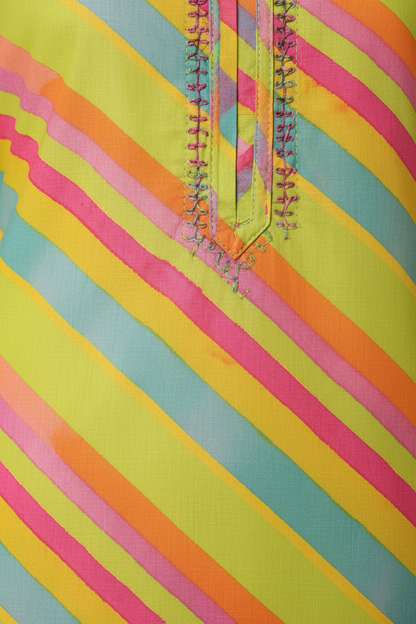 Women’s Lime Green Multicolour Diagonal Striped Straight Kurti with Decorative Notch Neck
