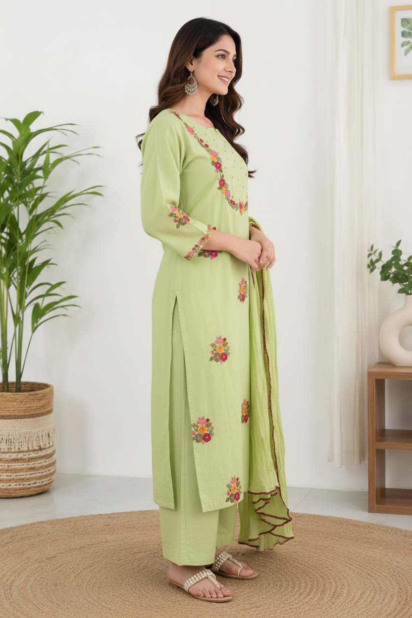 Natural Fab Women’s Light Green Floral Embroidered Kurta Palazzo Set with Dupatta – 3 Piece Ethnic Suit Set