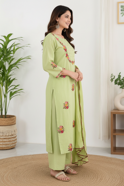 Natural Fab Women’s Light Green Floral Embroidered Kurta Palazzo Set with Dupatta – 3 Piece Ethnic Suit Set
