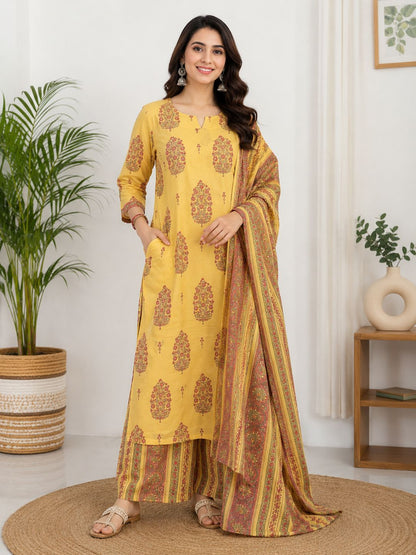 Natural Fab Women’s Mustard Yellow Floral Printed Kurta Palazzo Set with Dupatta – 3 Piece Ethnic Suit Set