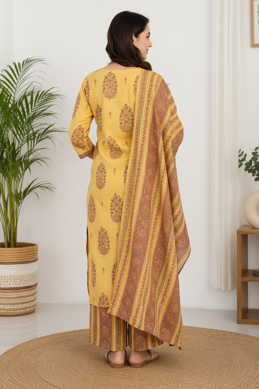 Natural Fab Women’s Mustard Yellow Floral Printed Kurta Palazzo Set with Dupatta – 3 Piece Ethnic Suit Set