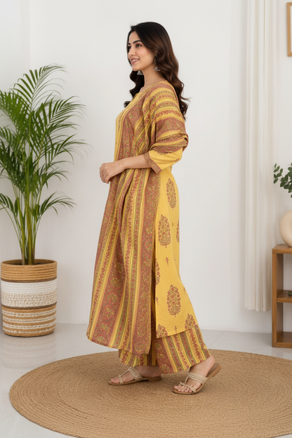 Natural Fab Women’s Mustard Yellow Floral Printed Kurta Palazzo Set with Dupatta – 3 Piece Ethnic Suit Set