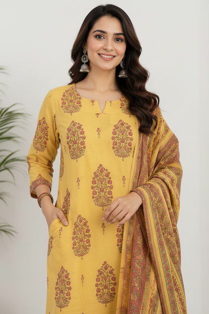 Natural Fab Women’s Mustard Yellow Floral Printed Kurta Palazzo Set with Dupatta – 3 Piece Ethnic Suit Set