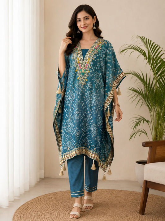 Women’s Printed Kaftan Set with Pants | Stylish Ethnic Kaftan Kurta Set | 2 Piece Casual & Festive Wear Set