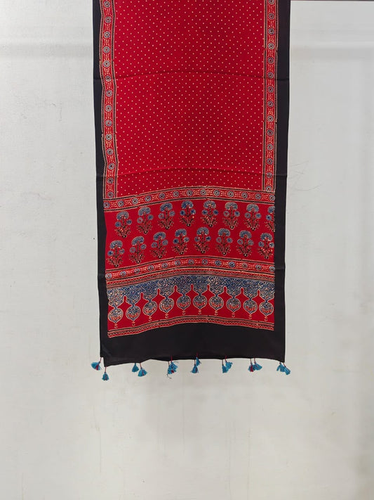 Natural Fab Women’s Pure Modal Silk Ajrakh Stole – Red & Black Traditional Printed Stole with Tassels