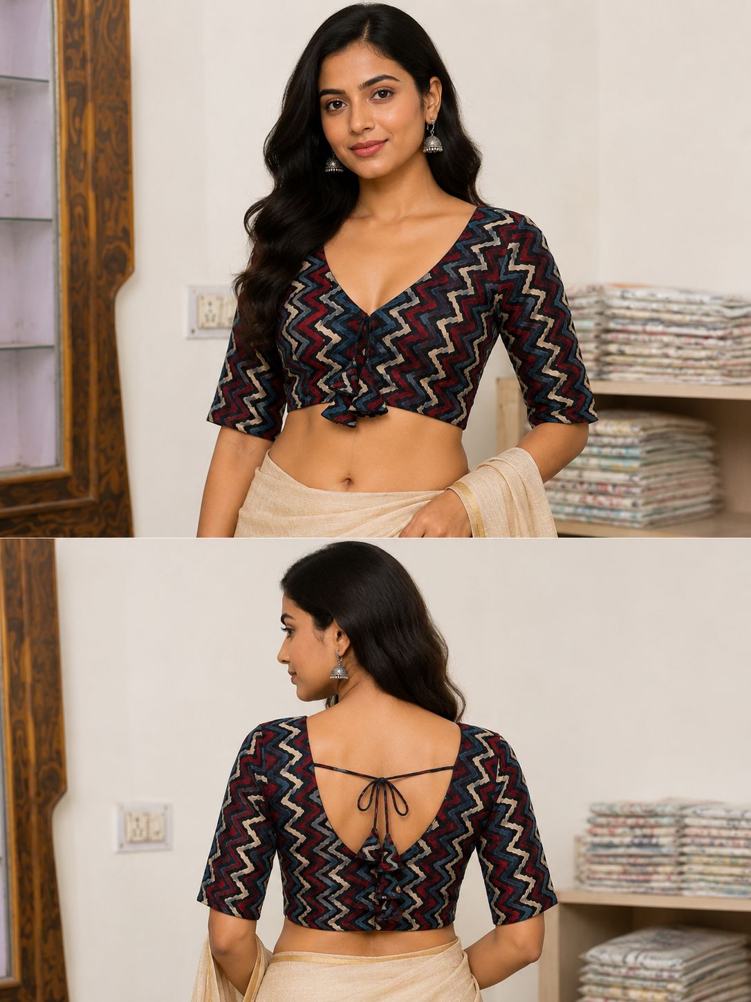 Women’s Multicolour Chevron Printed Saree Blouse | V-Neck Half Sleeve Blouse with Front Ruffle & Back Dori Tie