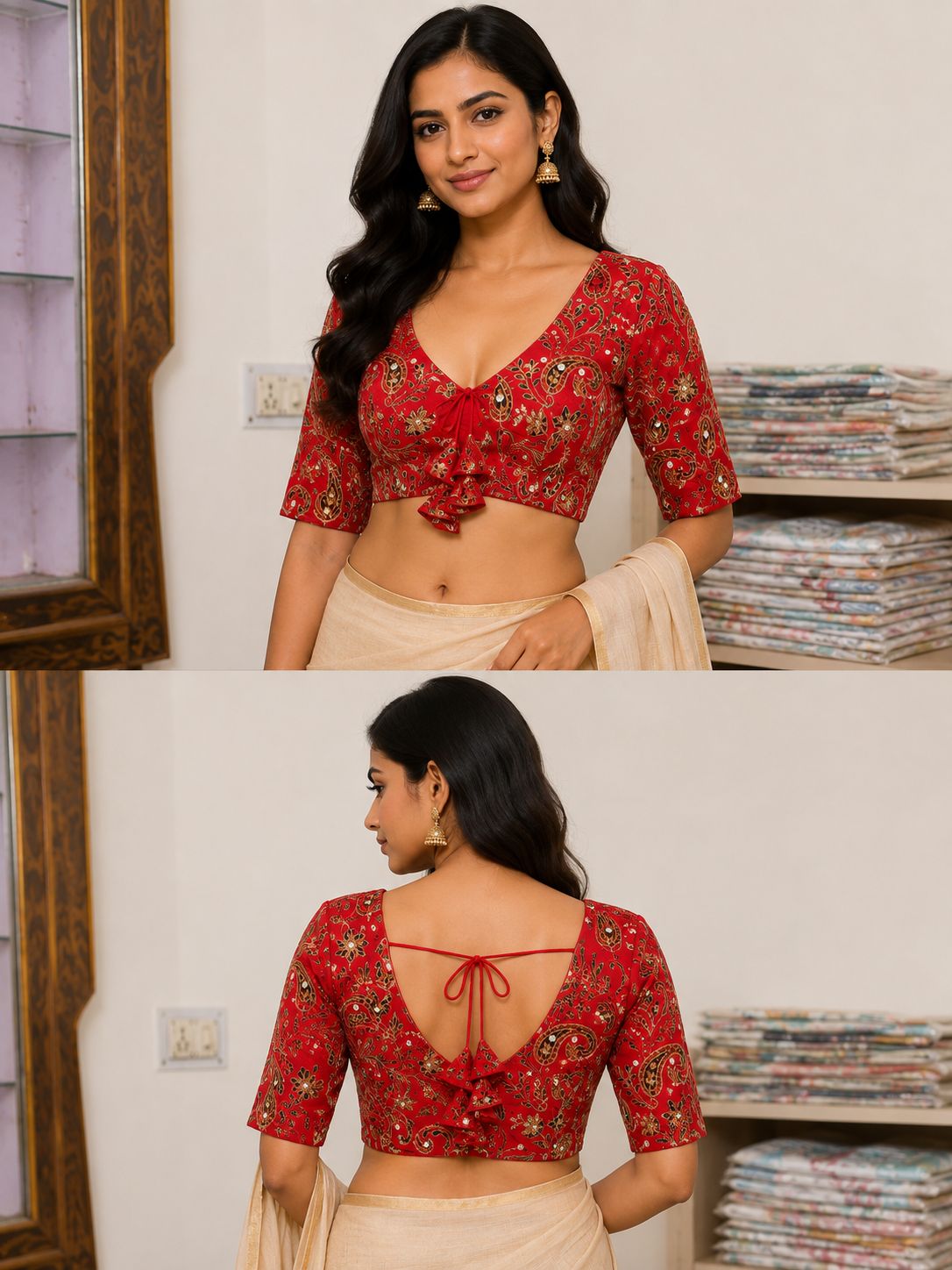 Women’s Red Printed Saree Blouse | V-Neck Half Sleeve Paisley Floral Blouse with Front Ruffle & Back Dori Tie