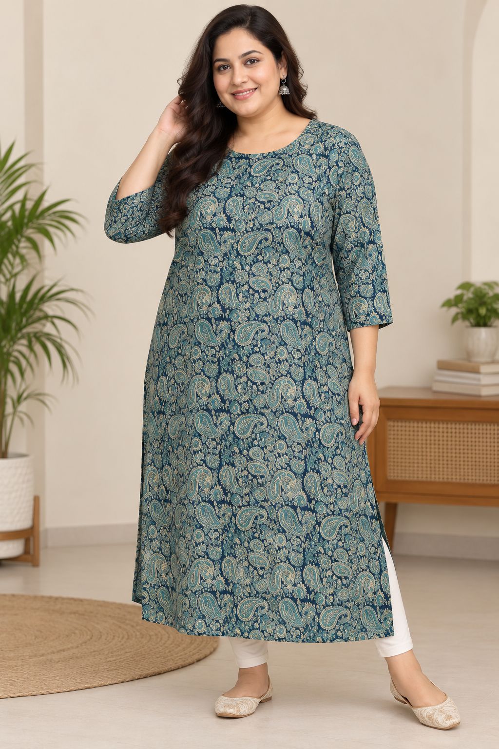 Natural Fab Women’s Plus Size Teal Blue Paisley Printed Long Kurti with Round Neck & 3/4 Sleeves