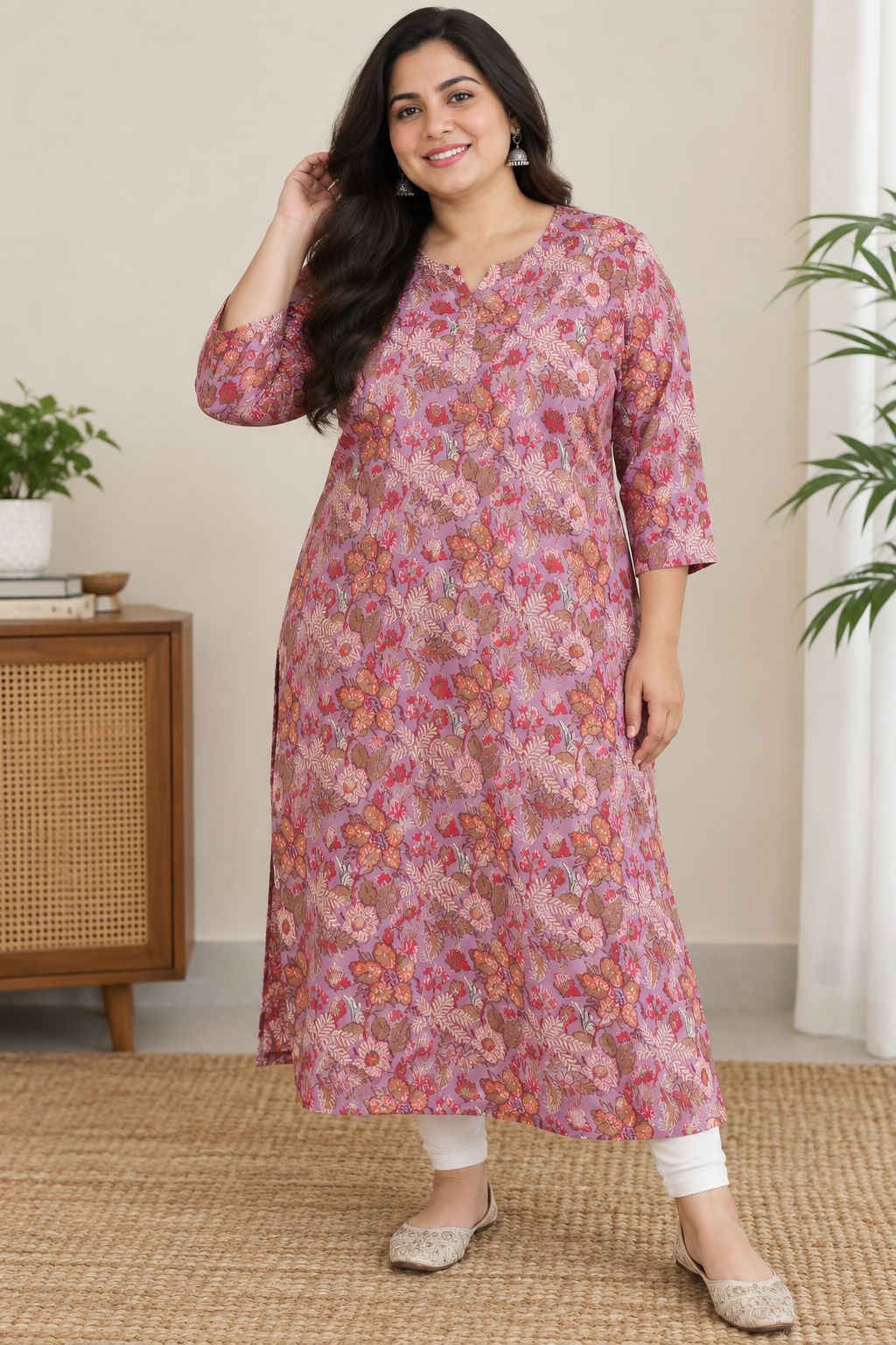 Natural Fab Women’s Plus Size Mauve Floral Printed Long Kurti with Notch Neck & 3/4 Sleeves