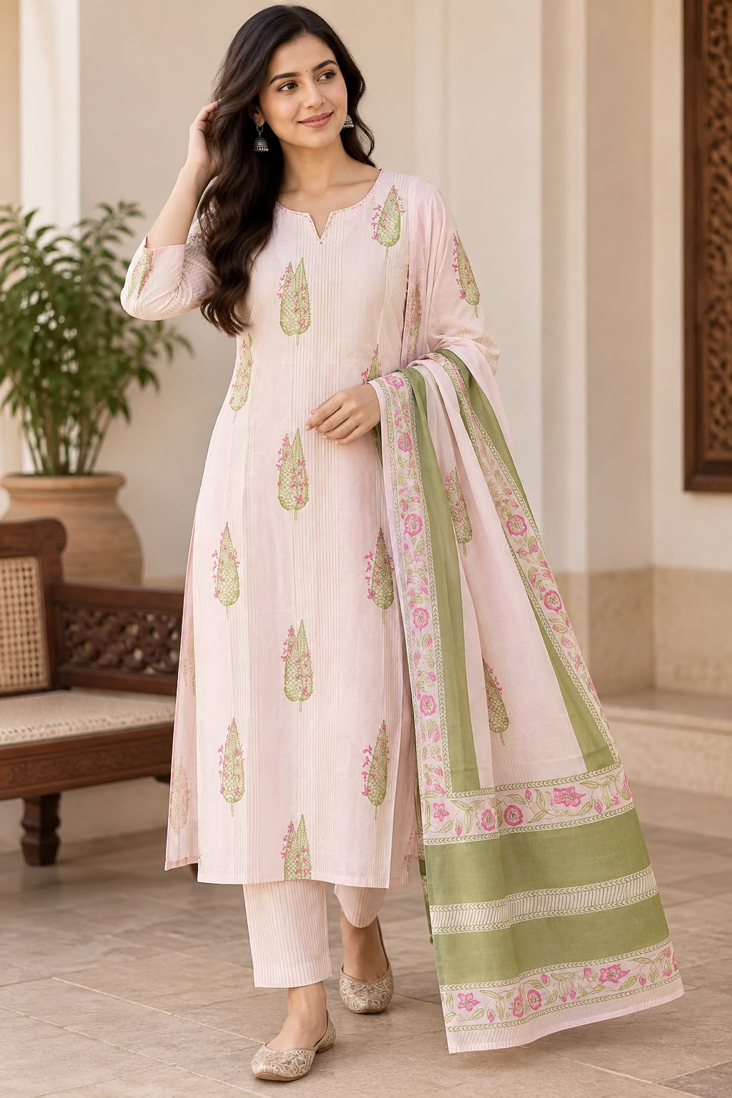 Natural Fab Women’s Blush Pink Printed Kurta Pant & Dupatta Set | 3-Piece Ethnic Suit Set