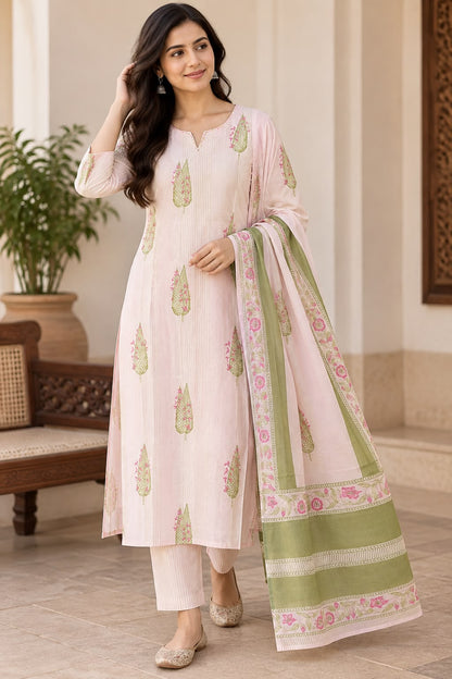 Natural Fab Women’s Blush Pink Printed Kurta Pant & Dupatta Set | 3-Piece Ethnic Suit Set