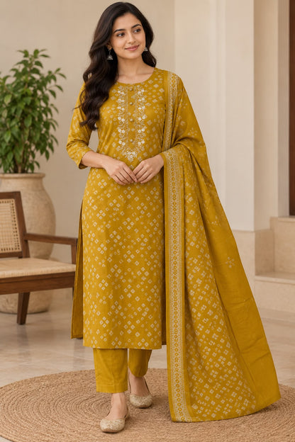 Natural Fab Women’s Mustard Yellow Maslin Printed Kurta Pant & Dupatta Set | 3-Piece Ethnic Suit