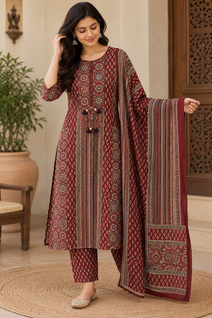 Natural Fab Women’s Maroon Printed Kurta Pant & Dupatta Set | 3-Piece Ethnic Suit