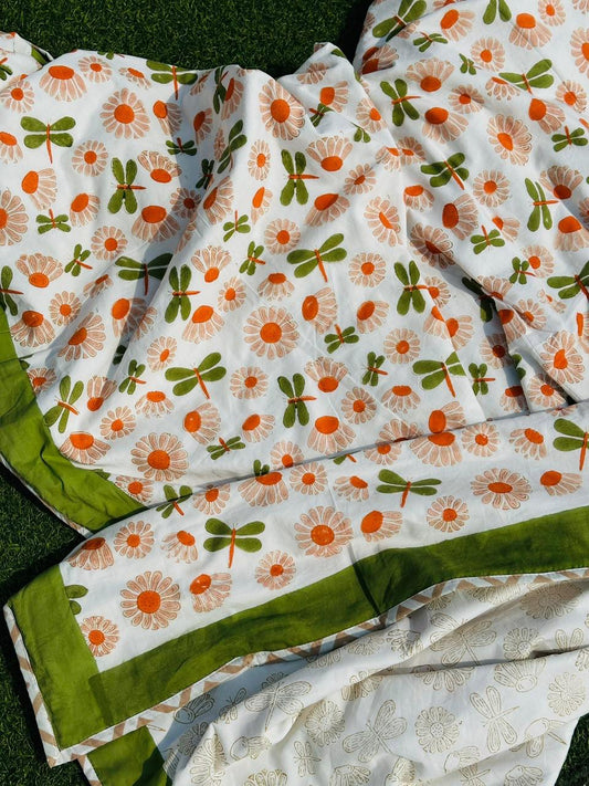 Natural Fab 3-Layer Cotton Single Bed Dohar, Original Hand Block Printed Orange Floral & Green Dragonfly Design, 60 × 90 Inches