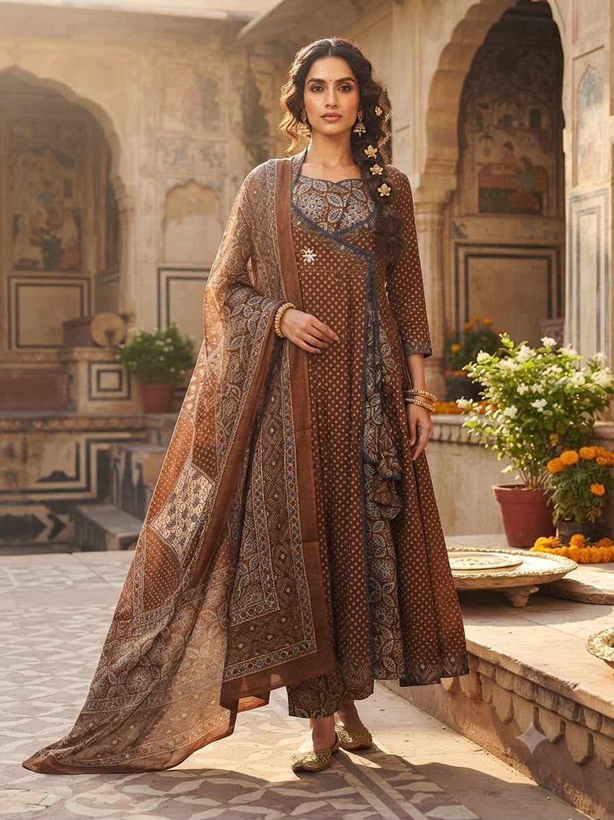 Natural Fab Women’s Brown Ethnic Printed Anarkali Kurti Set with Pants & Dupatta – 3 Piece