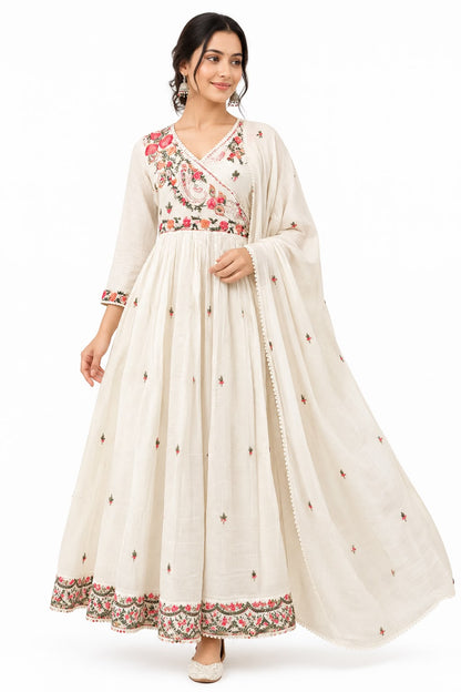 Natural Fab Women’s Ivory Mal Cotton Floral Anarkali Kurti Set with Dupatta & Angrakha-Style Neck